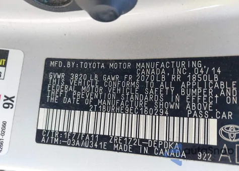 2014 Toyota Corolla L из США, поврежденный, VIN 2T1BURHE9EC160294